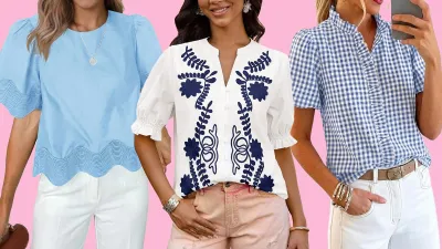 blue, blue and white and striped blue top
