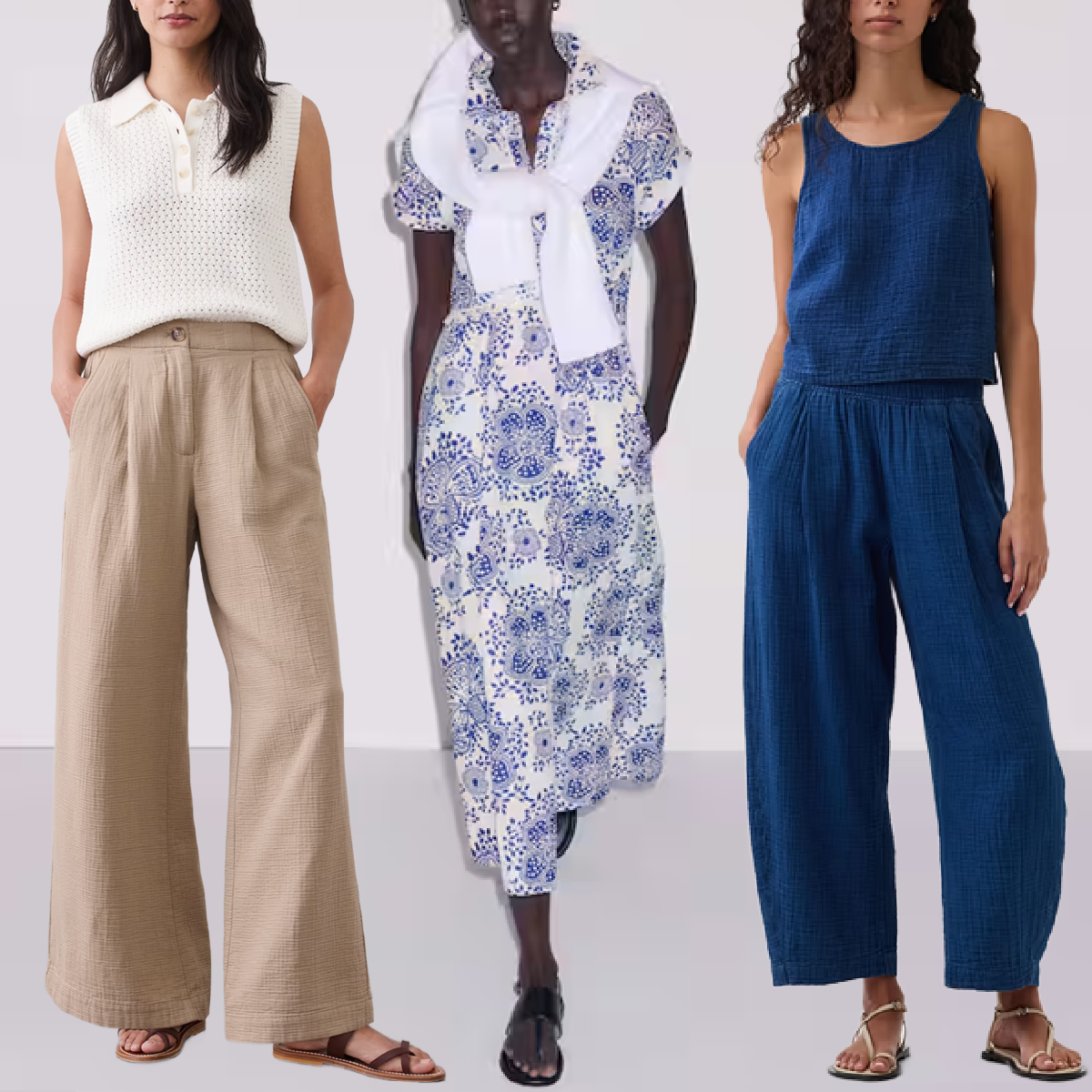 collage of 3 models wearing double-cloth outfits