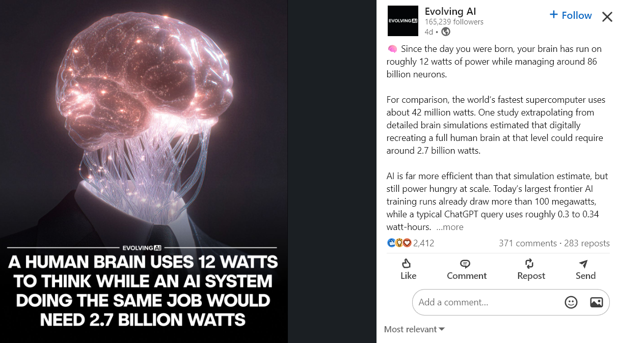 Your Brain Runs on 20 Watts. AI Wants a Power Plant