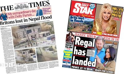 The headline on the front page of the Times reads: "Britons lost in Nepal flood."