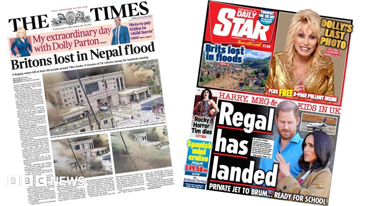 The headline on the front page of the Times reads: "Britons lost in Nepal flood."