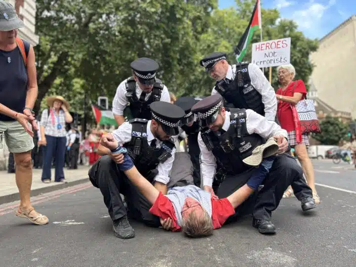 Police arrest a peaceful protester at a Defend Our Juries action
