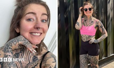 Two-way split of psychologist Dr Alyssa Grocutt who is tattooed all over her body apart from her face.