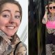 Two-way split of psychologist Dr Alyssa Grocutt who is tattooed all over her body apart from her face.
