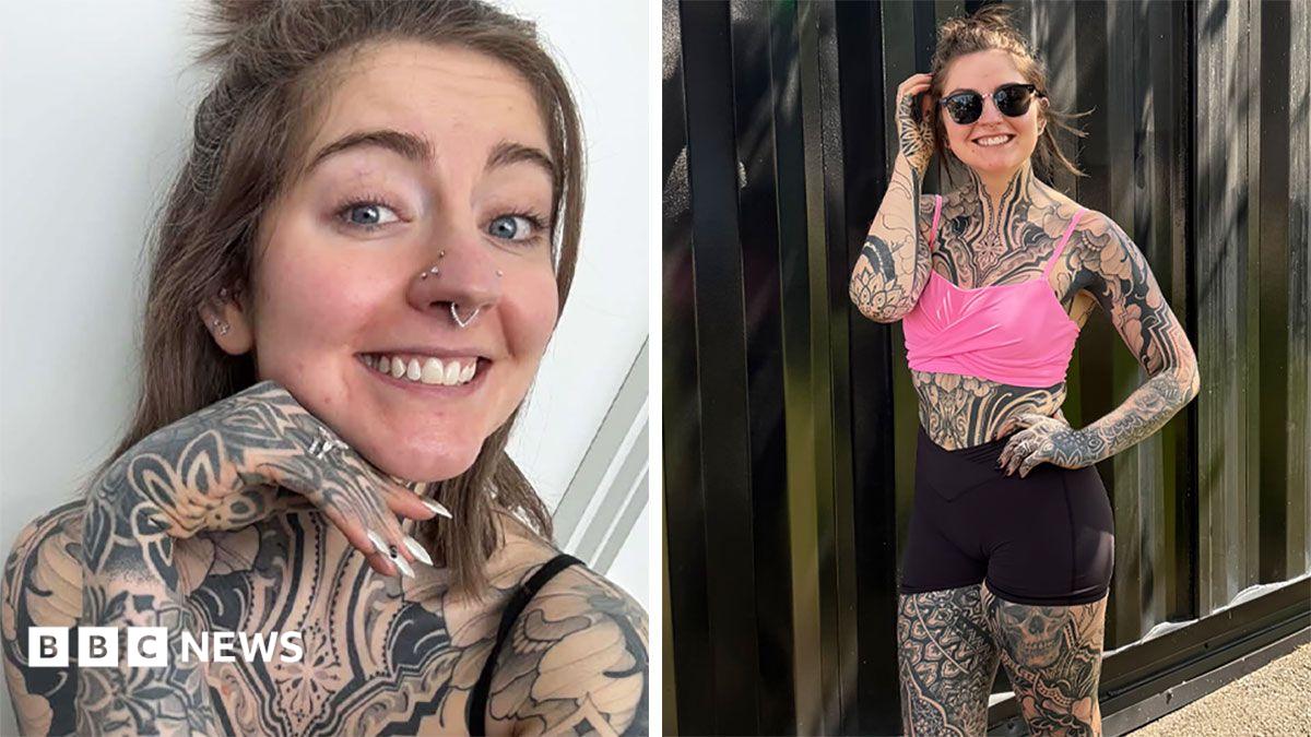 Two-way split of psychologist Dr Alyssa Grocutt who is tattooed all over her body apart from her face.