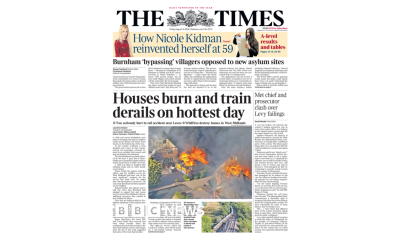 The headline on the front page of the Times reads: "Houses burn and train derails on hottest day."