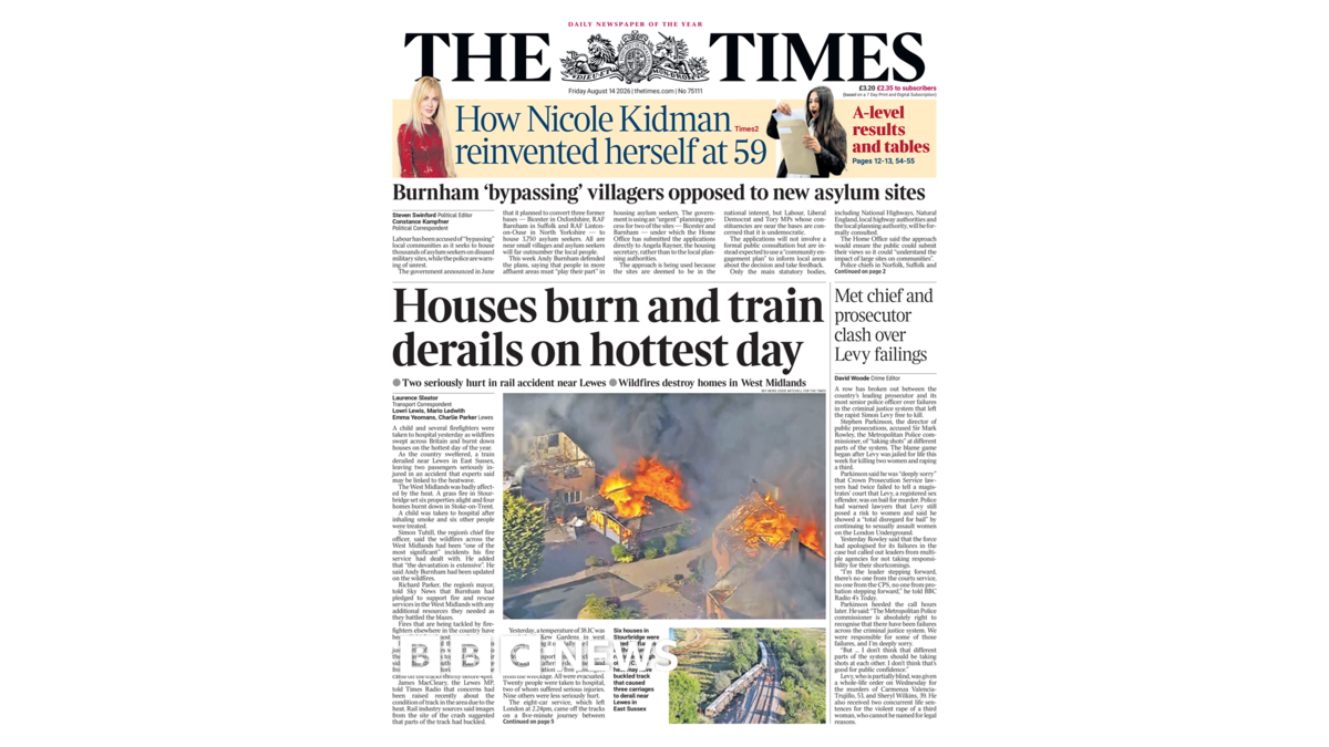 The headline on the front page of the Times reads: "Houses burn and train derails on hottest day."