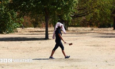Person walking across a very dry and brown park with a towel over their head, providing shelter from the hot weather