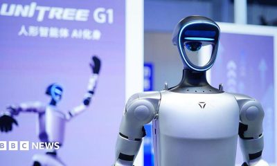 A Unitree G1 humanoid robot is on display at a convention in Beijing.