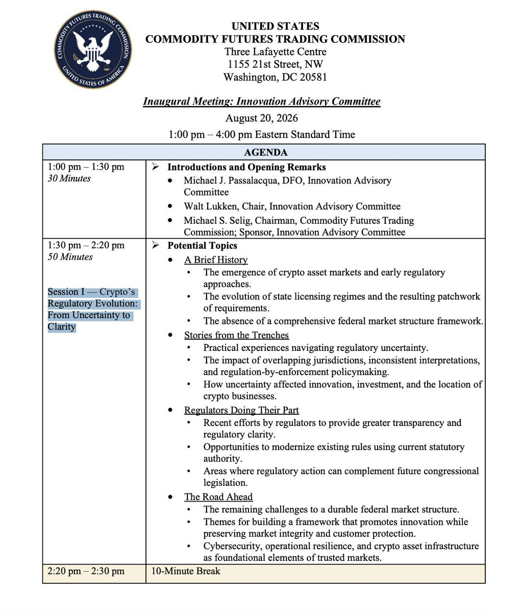CFTC is preparing for Clarity by holding its first Innovation Advisory meeting next week (Aug 20).