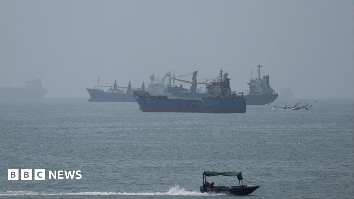 Large ships in the Strait of Hormuz are visible near the beach of Bandar Abbas.