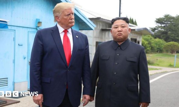 North Korean leader Kim Jong Un and US President Donald Trump inside the demilitarized zone (DMZ) separating the South and North Korea on 30 June 2019