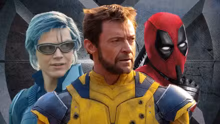 Evan Peters, Hugh Jackman, and Ryan Reynolds as Quicksilver, Wolverine, and Deadpool, in front of the X-Men logo
