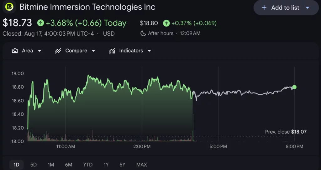 Bitmine (BMNR) stock price chart, source: Google Finance