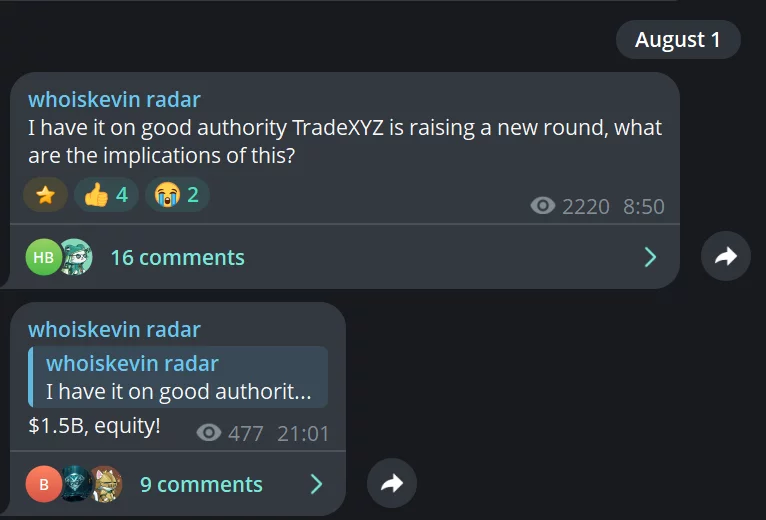 Telegram texts suggesting TradeXYZ is raising funds.