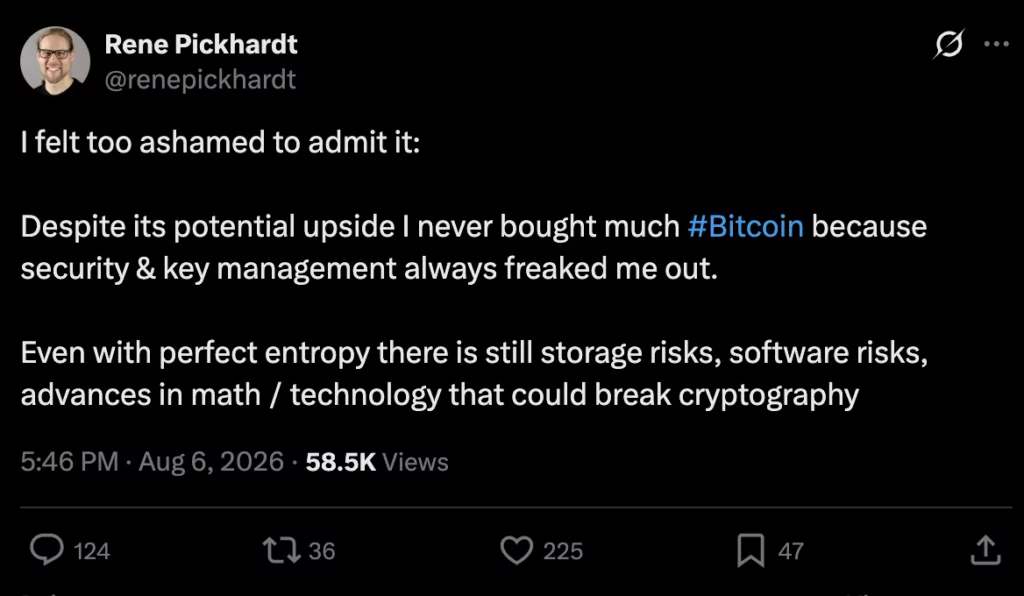 Bitcoin developer cites self-custody fears, source: X