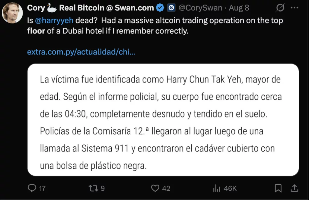 Harry Yeh, Fantom backer, dies after Paraguay fall