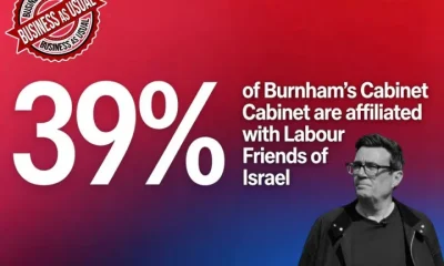 A red background that fades into purple at the bottom. In the centre it says '39% of Burnham's Cabinet are affiliated with Labour Friends of Israel' and next to that is a black and white image of Burnham looking up and upset.