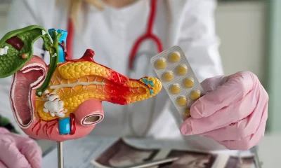 Doctor holds a model of the pancreas and a blister pack of medication in a clinic