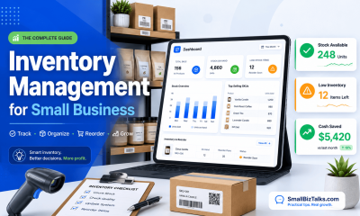 Inventory management for small business featuring inventory dashboard, stock control, barcode scanner, and organized shelves