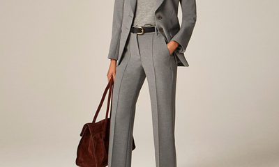 woman wears gray suit in four-season stretch