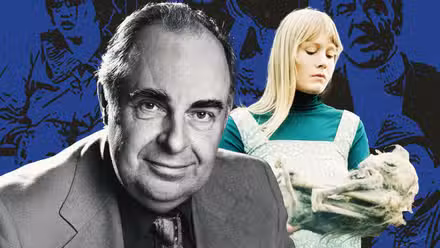 Writer Nigel Kneale seated in front of a woman holding a bundle in her arms, with a blue background illustrating scenes from the TV series Beasts.