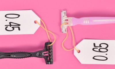 two razors are side by side with the black one costing $.45 and the pink one costing $.65.