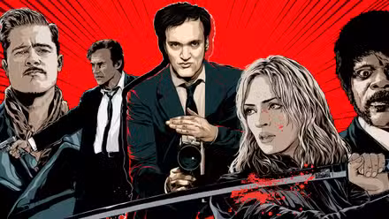 A custom image of protagonists from Quentin Tarantino films, with Tarantino in the middle