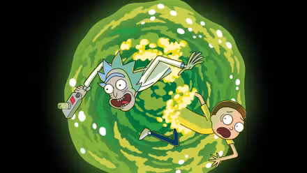 Rick and Morty swirling in a green vortex in Rick and Morty.