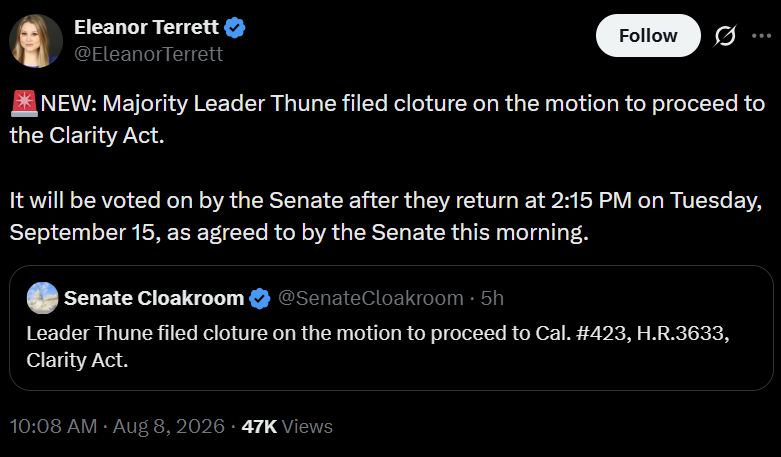 CLARITY Act Heads Toward Key US Senate Procedural Vote