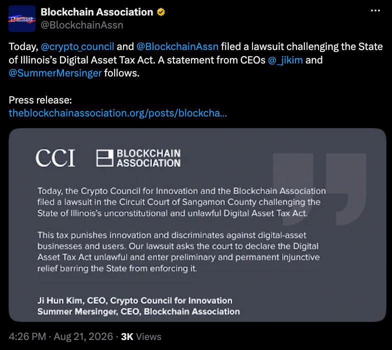 Crypto Organizations Oppose Illinois Digital Asset Tax in Court