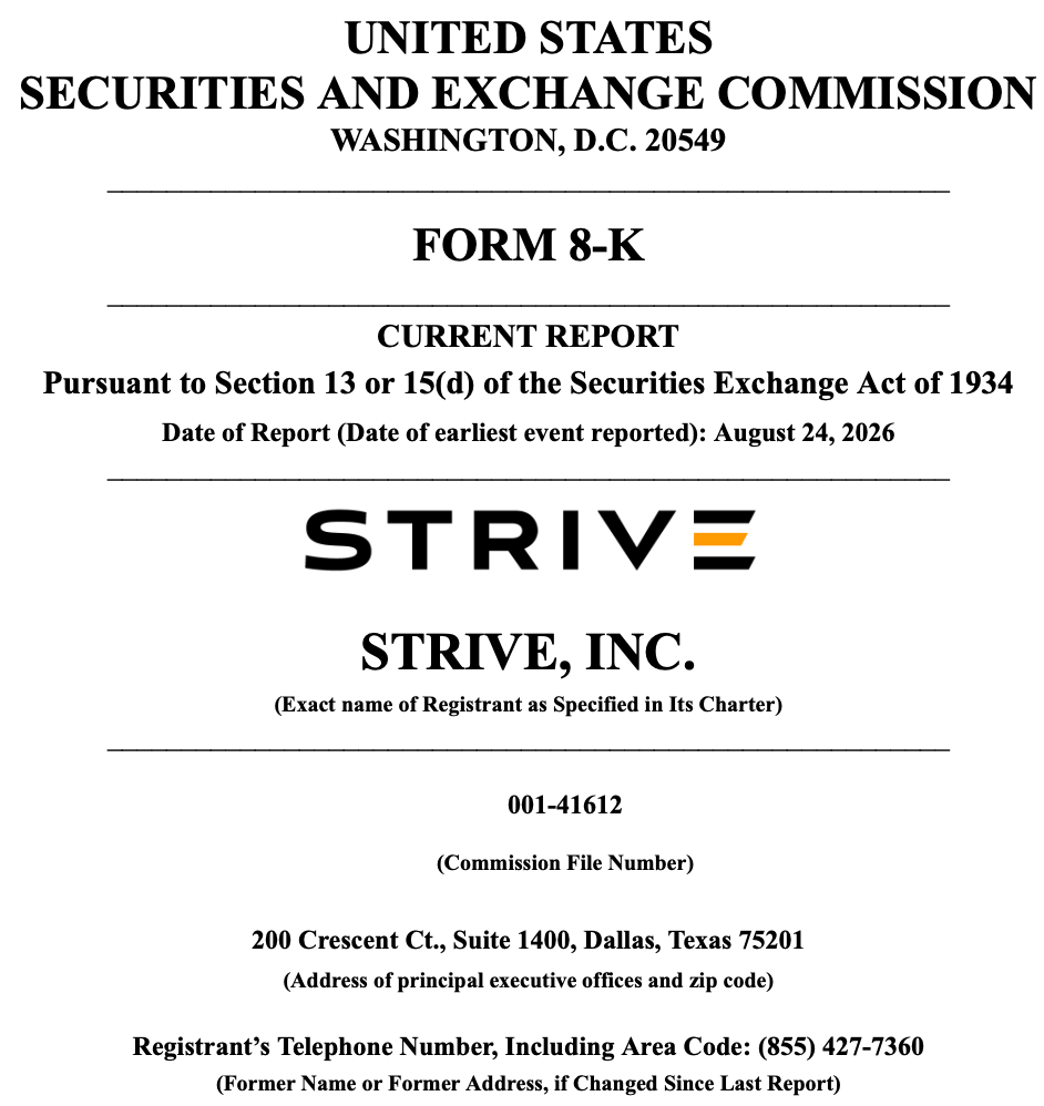 Strive Expands Bitcoin Treasury with 1,110 BTC Purchase