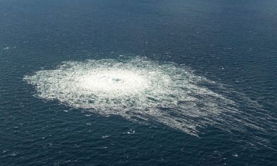 The gas leak, seen from a Danish jet on 27 September 2022. Pic: Reuters