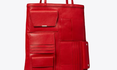 red north/south tote with many many pockets