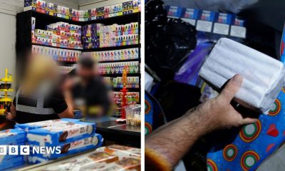 A composite image of the interior of a vape shop on the left and on the right a man's hand holding a packet of hand-rolling tobacco discovered in the backroom in a shop