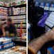 A composite image of the interior of a vape shop on the left and on the right a man's hand holding a packet of hand-rolling tobacco discovered in the backroom in a shop