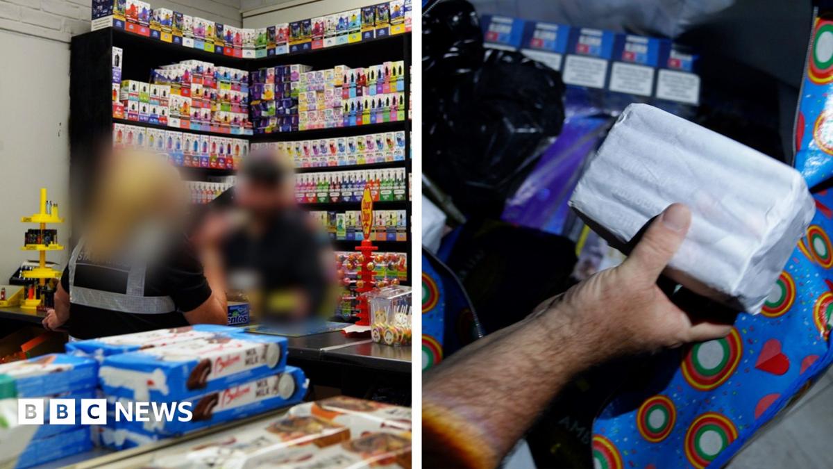 A composite image of the interior of a vape shop on the left and on the right a man's hand holding a packet of hand-rolling tobacco discovered in the backroom in a shop