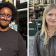 Hanad, wearing a glasses and a black T-shirt and holding an iced coffee, smiles as he stands outside a shop in London.