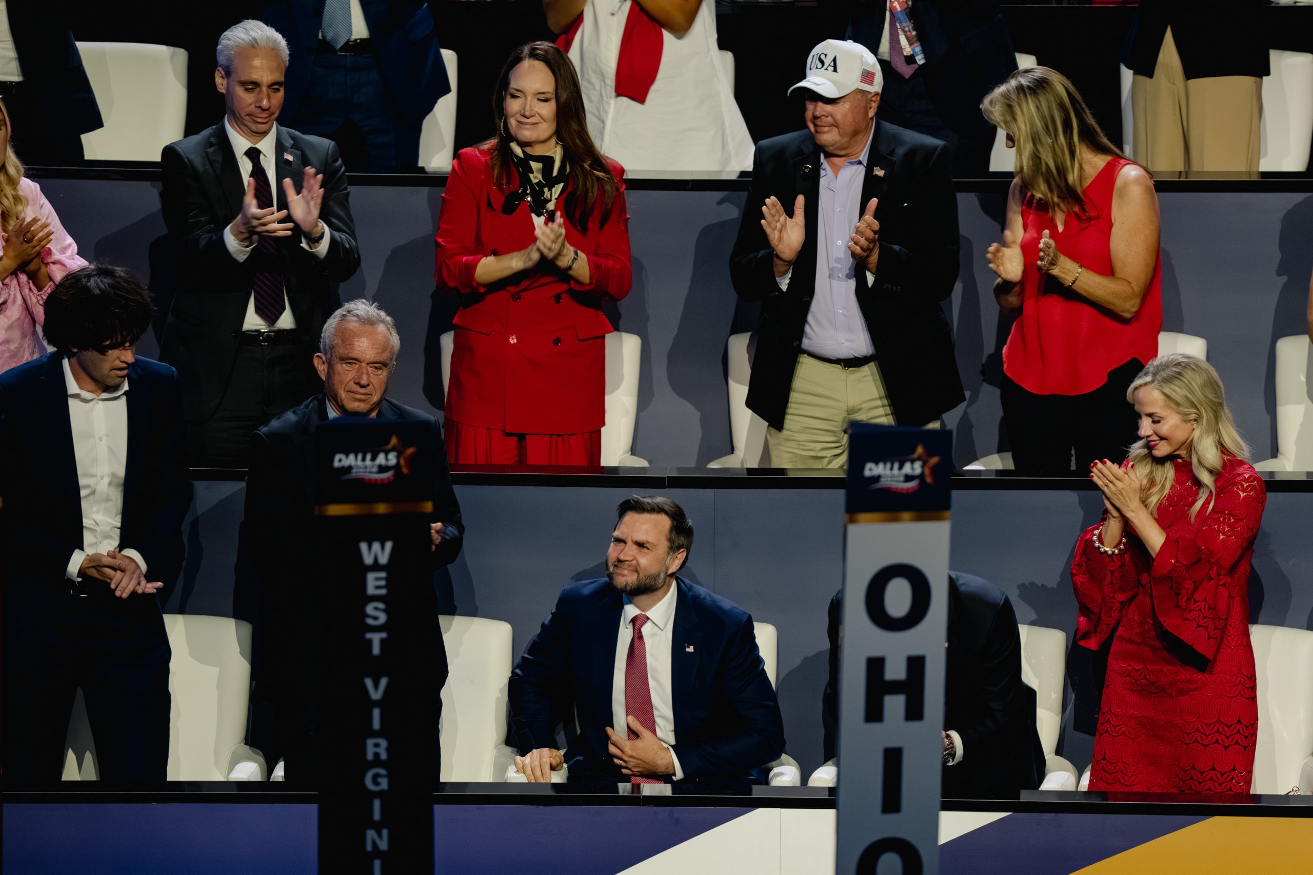 The crowd acknowledges Vice President JD Vance on night one of the Republican Midterm Convention at the American Airlines Center in Dallas on Sept. 9.