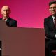 Chancellor of the Exchequer John Healey (L) and Prime Minister Andy Burnham attend the first day of the Labour Party Conference in Liverpool on 27 September 2026.