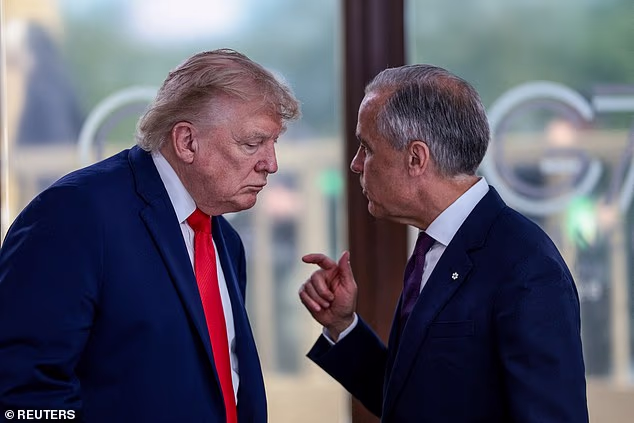 Voters have turned against Donald Trump's crusade against Canada, rejecting his rebranding of Lake Ontario as 'Lake America' by more than two to one. Trump is pictured speaking with Canadian Prime Minister Mark Carney at the G7 Summit earlier this summer