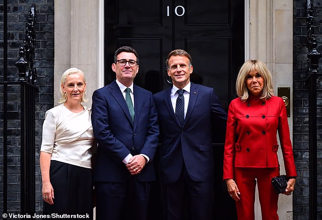 Andy Burnham and his wife Marie-France (left) embraced Emmanuel Macron and wife Brigitte (right) outside the famous black door