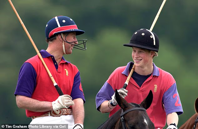 Prince Harry, then 17, laughs with his father after they won a polo match at Cirencester Park Polo Club in Gloucestershire
