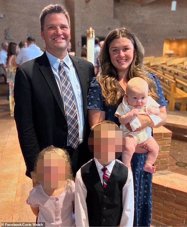 Corie Walsh, 40, was charged with first-degree murder after her son, Barrett 'Bear' Walsh seen in her arms, was found hanged in the basement of their family home on Tuesday afternoon