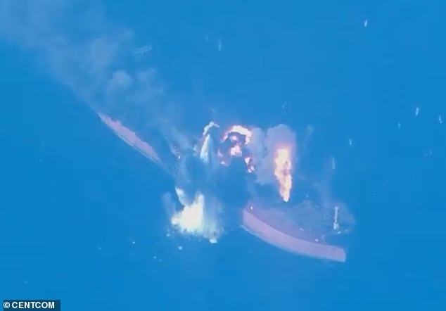 Central Command said two US Navy warships were patrolling regional waters when they were targeted by Iran. Pictured: An Iranian tanker being blown up