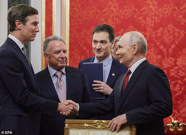Donald Trump's son-in-law Jared Kushner (left) and special envoy Steve Witkoff (second left) spent over three hours in top-secret talks with Vladimir Putin