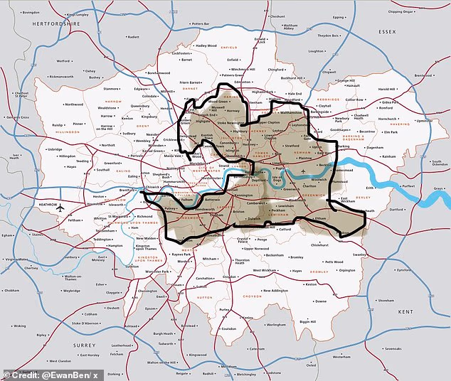 The London 'squirrel', which looks nothing like a squirrel, was posted by X user EwanBen amd highlights areas such as Stratford and Sidcup