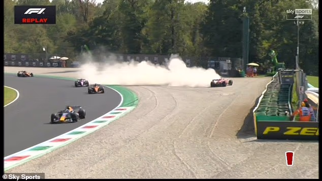 Charles Leclerc spins off at Monza's Parabolica turn and crashes into the barriers