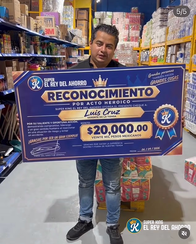 Luis Cruz was awarded 20,000 Mexican pesos, or about $1,200, by Super King El Rey Del Ahorro, the supermarket he works at, for saving a three-year-old from oncoming traffic while on the job