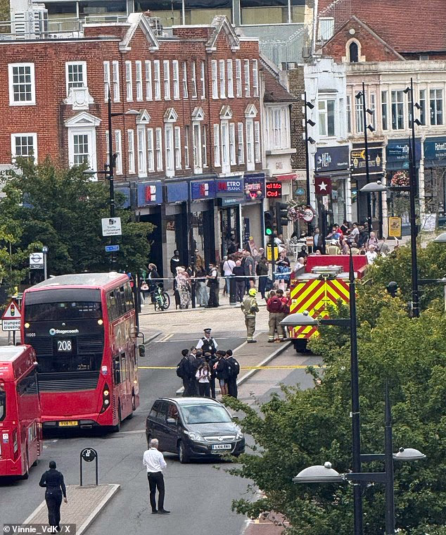 The scene at Bromley this afternoon, after four people were stabbed and rushed to hospital